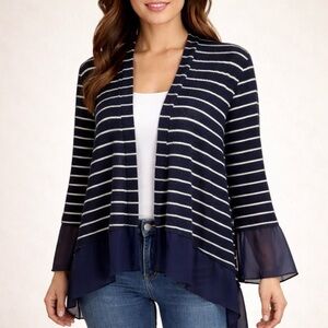 Paper Crane Striped Open Front Cardigan Sheer Hem Navy White Size L